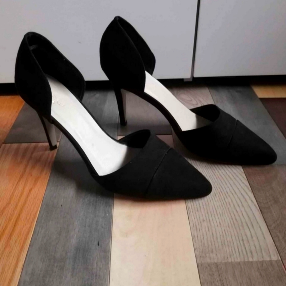 Black suede heels, size 9